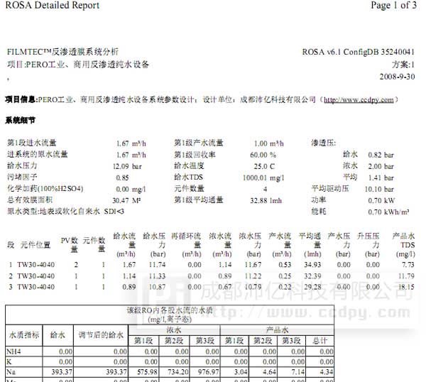 PR反渗透系统软件设计结果(局部)